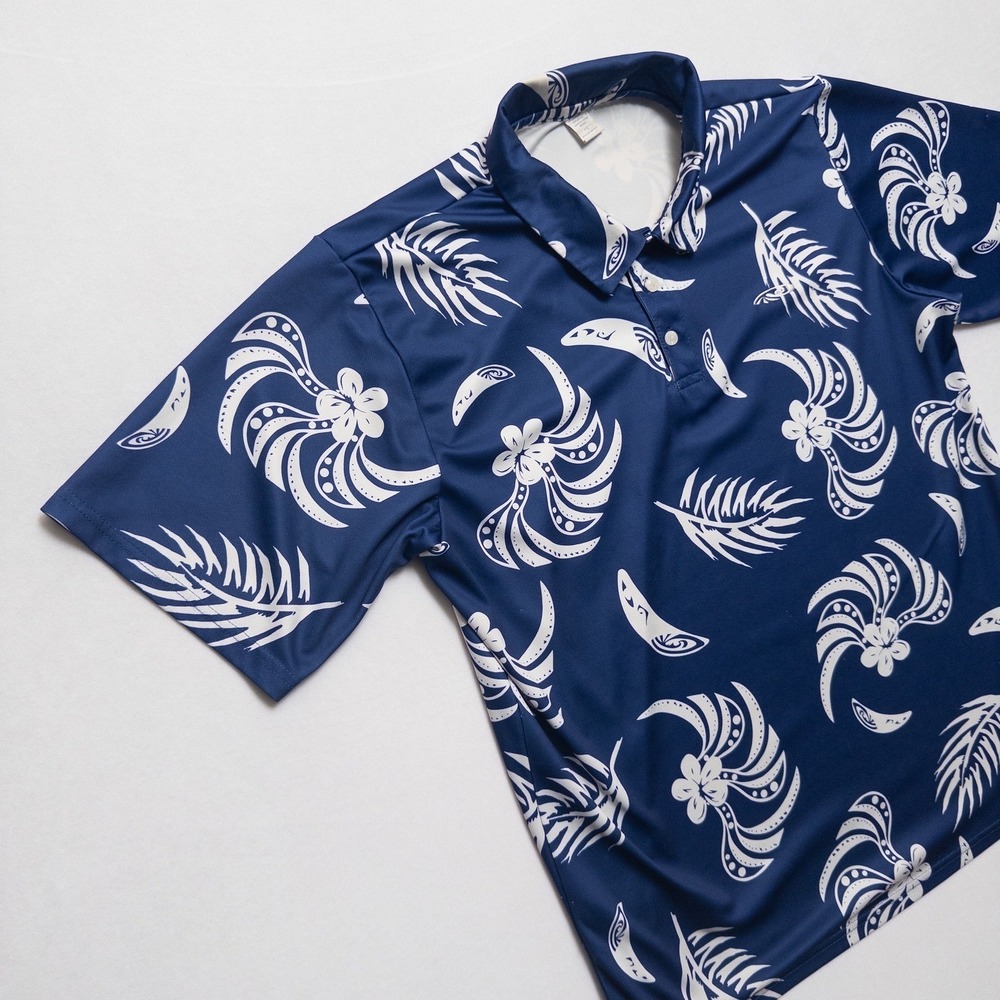 Palmwave Hawaii Polo Shirt Mens L Blueโ White Tropical Floral - Picture 4 of 17